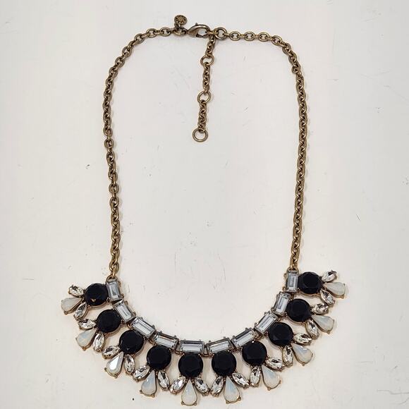 J Crew Black Opaque Rhinestone Statement Necklace Gold Tone Chain Adjustable - Picture 3 of 6
